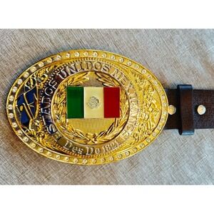 Leather 2" X 40" Belt w/Large Estados Unidos Mexicanos 1821 Gold Belt Buckle